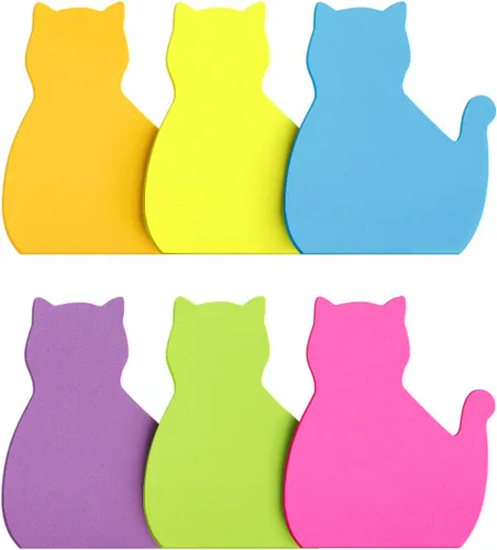 Notas adhesivas con forma de gato, 6 colores, brillantes, coloridas, 75 hojas/bloc de notas autoadhesivas (6 blocs)