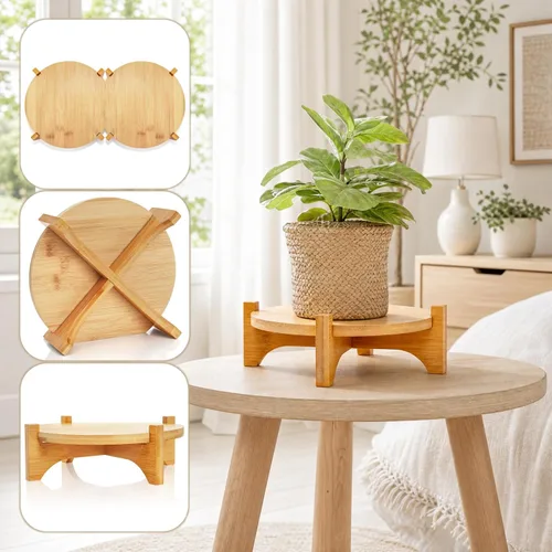 Miniatura 4 de Pumtus Paquete de 2 soportes pequeños para plantas, soporte de madera para macetas de interior, soporte desmontable de bambú para macetas