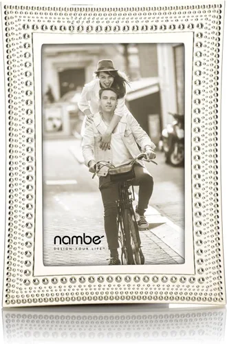 nambe Marco de fotos con cuentas, 4 x 6 pulgadas, marco de fotos con vidrio templado, diseño vintage y contemporáneo, exhibición de mesa para
