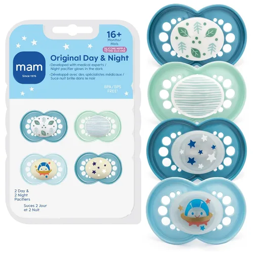 MAM Chupetes originales para bebés de más de 16 meses, Binky para bebés recién nacidos, pezón de silicona suave sin BPA, brilla en la oscuridad,