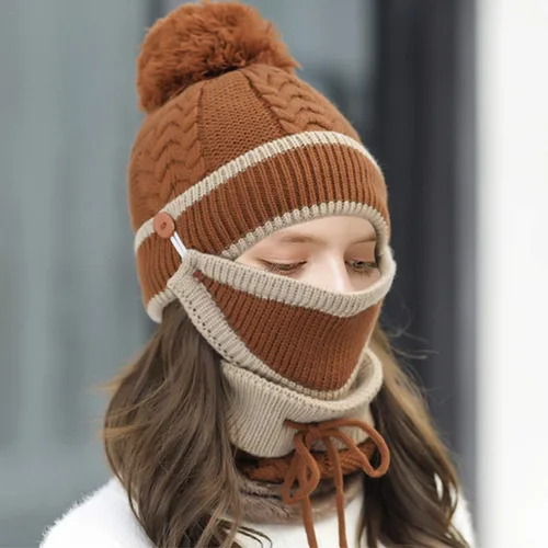 Miniatura 6 de Gorro de punto de invierno con bufanda y cubierta facial, guantes de pantalla táctil para mujer, gorro de calavera con pompón y forro polar