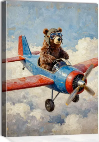 Lienzo enmarcado para pared, estilo vintage de pintura al óleo, lindo piloto de oso marrón volador retro de avión entre nubes blancas, decoración de