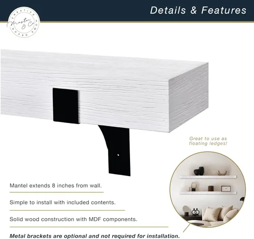 Miniatura 4 de Master & Co. Repisa de chimenea flotante moderna con soportes de metal negro, estantes flotantes largos para decoración de pared, 48 pulgadas, veta