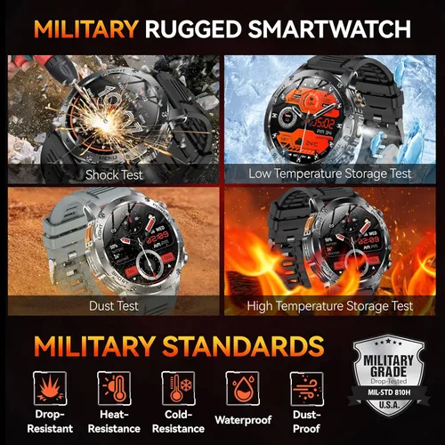 Miniatura 3 de KPEP Military Smart Watches for Men with 2 Straps, 1000mAh Battery/LED Flashlight/IP67 Waterproof Smartwatch, Stress/Blood Oxygen/Heart Rate/Sleep