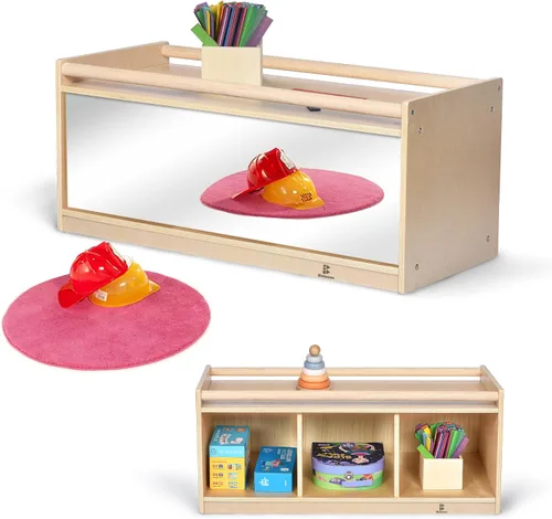 Almacenamiento de juguetes para niños pequeños con respaldo de espejo, cubículos preescolares y guardería para bebés con 2 pasamanos de sujeción