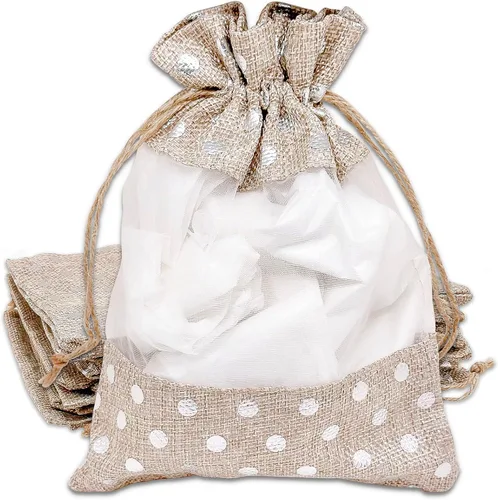 Miniatura 31 de Paquete de 12 bolsas de regalo medianas de lino, arpillera y organza con cordones (5 x 7 pulgadas, blanco) - Bolsa de malla para recuerdos