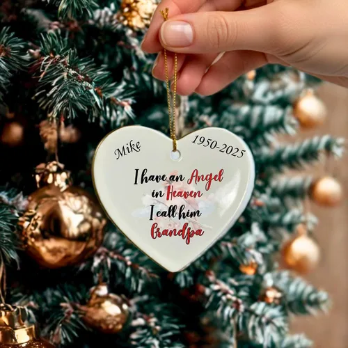 Miniatura 7 de Adorno de Navidad conmemorativo personalizado 2025 – Recuerdo de cerámica en forma de corazón – Tengo un ángel en el cielo lo llamo abuelo, regalo