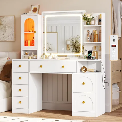 Hasuit - Escritorio de tocador blanco con espejo y luces LED, escritorio grande de tocador de maquillaje con 7 cajones, estantes de almacenamiento y
