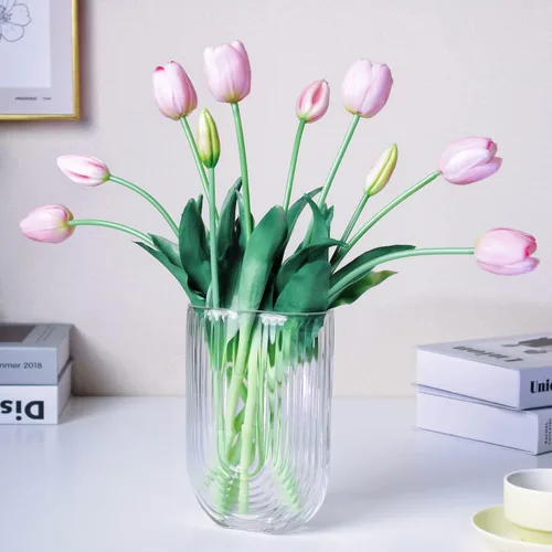 Miniatura 18 de Tulipanes falsos de tacto real premium de 16 pulgadas, flores artificiales con brotes, tallo flexible fácil de moldear, tulipanes sintéticos