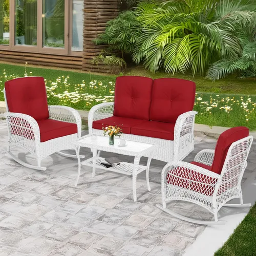 Miniatura 66 de MEETWARM Juego de 3 piezas de mimbre giratorio para patio al aire libre, mecedoras, juegos de muebles de patio de ratán con cojín grueso y mesa