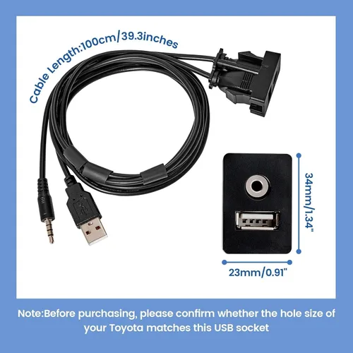 Miniatura 2 de Anina USB AUX Montaje empotrado para Toyota, cable de extensión AUX de 0.138 in para salpicadero de automóvil macho a hembra, adaptador de enchufe