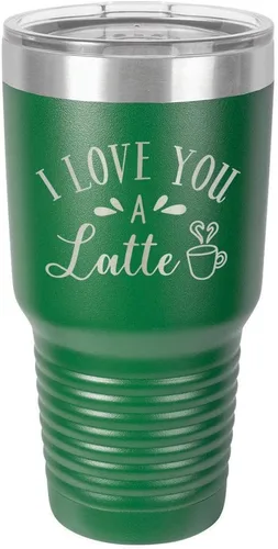 Miniatura 15 de Taza de viaje de acero con recubrimiento de polvo grabado con láser, con texto en inglés "I Love You A LATTE Engraved Tumbler", sin BPA