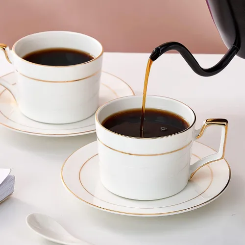 Miniatura 6 de Juego de tazas de té y platillos de porcelana, tazas de té de 6 onzas con borde dorado, tazas de café blancas y tazas con soporte para capuchino