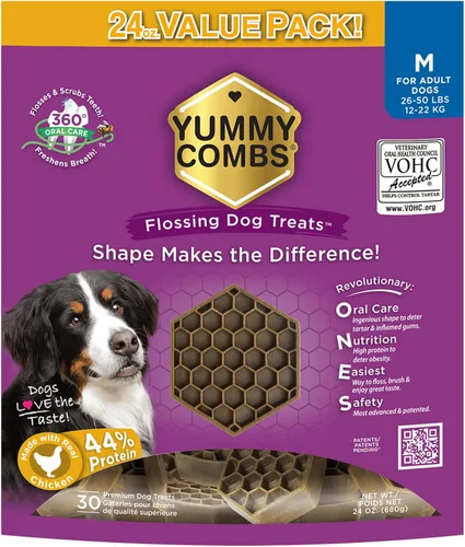 Miniatura 17 de Yummy Combs Golosinas dentales para perros, aprobadas por veterinarios VOHC, deliciosa proteína de pollo, elimina el sarro con forma de peine