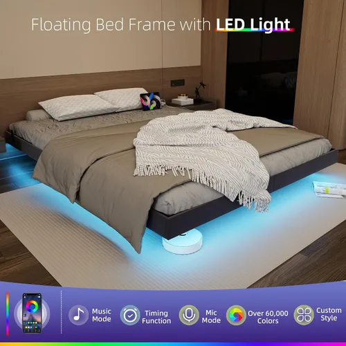 Miniatura 3 de Base de cama flotante de tamaño matrimonial con luces LED y estación de carga, marco de cama de plataforma de metal sintético negro, fácil montaje
