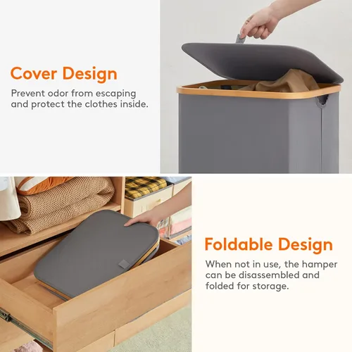 Miniatura 7 de Lifewit - Cesta de ropa sucia de 100L con tapa, cestos para la ropa con asas de bambú y una bolsa extraíble, cesto grande plegable para la ropa