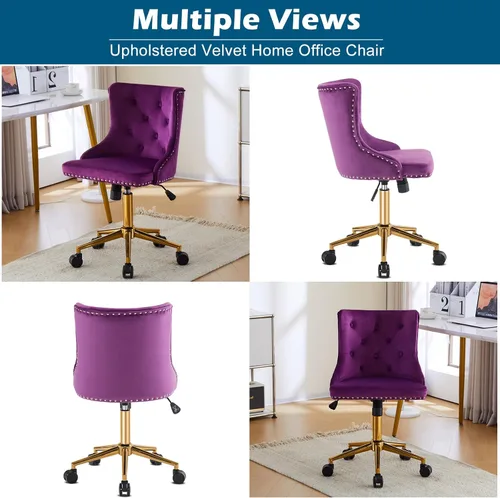Miniatura 3 de VINGLI Silla de escritorio de oficina en casa sin brazos de color púrpura oscuro con base/ruedas doradas, pequeña silla de tocador/maquillaje linda