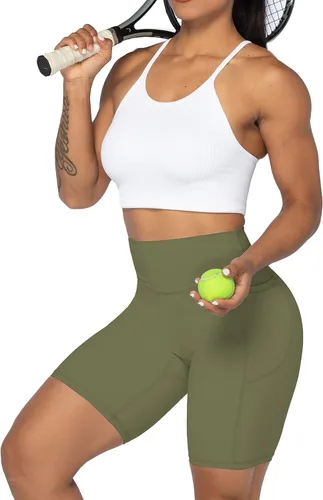 Miniatura 7 de Sunzel Pantalones cortos de ciclismo sin costuras frontales para mujer con bolsillos, pantalones cortos de yoga, entrenamiento, gimnasio, ciclismo