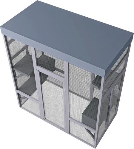 Miniatura 6 de Catio grande de 70 pulgadas para gatos al aire libre, jaula para gatos al aire libre con cubierta impermeable, plataformas de salto de madera