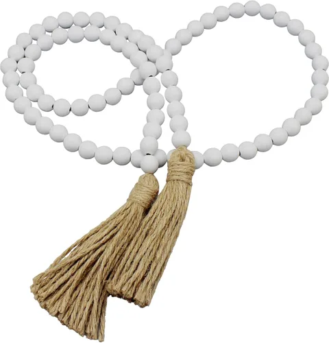 Miniatura 24 de CVHOMEDECO. Guirnalda de cuentas de madera con borlas, diseño rústico de granja, cadena de cuentas de oración para colgar en la pared, acento