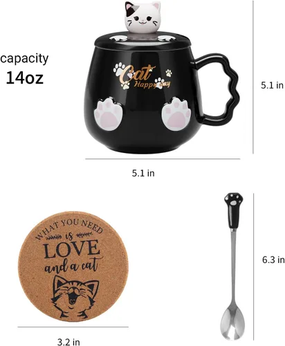 Miniatura 7 de Bgbg Linda Taza de Gato, Taza de Café Té Leche de Cerámica con Tapa de Gatito Adorable, Cuchara de Garra Kawaii, Alfombrilla de Anime, Cosas