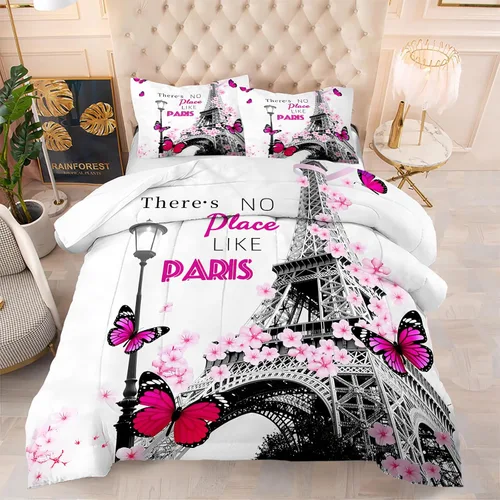Miniatura 10 de kxry Juego de edredón de París, tamaño Queen, color rosa, Torre Eiffel Sena, ropa de cama estilo francés, edredón de paisaje urbano de París