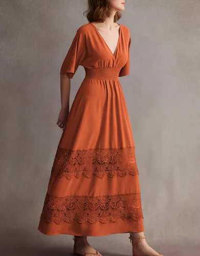 Miniatura 3 de Vestido largo de encaje para mujer de manga corta y cuello en V, vestido de fiesta estilo bohemio con cintura fruncida, vestido bohemio para mujer