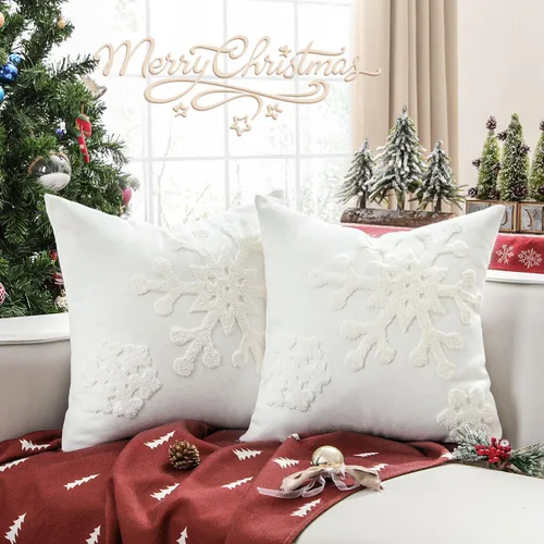 Miniatura 12 de Lewondr Fundas de almohada decorativas de Navidad, bordado de copos de nieve 16x16, fundas de almohada para el hogar, Navidad dorada, decorativas
