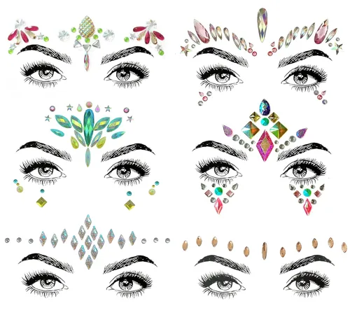 Miniatura 7 de 6 piezas de gemas faciales, joyas para la cara, calcomanías faciales, para Halloween, festivales de música, fiestas, rave, carnaval, fiesta de 6