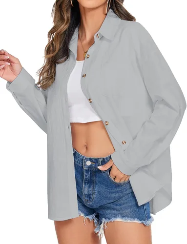 Miniatura 3 de HOTOUCH Camisa de algodón con botones para mujer, casual, manga larga, ajuste holgado, cuello de lino, blusa de trabajo con bolsillo