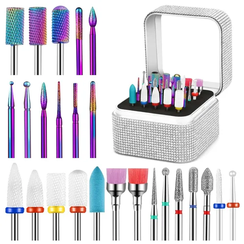 Miniatura 8 de Cellentool Juego de 25 brocas de uñas con caja de almacenamiento, brocas de carburo de diamante de cerámica de tungsteno de 3/32 pulgadas