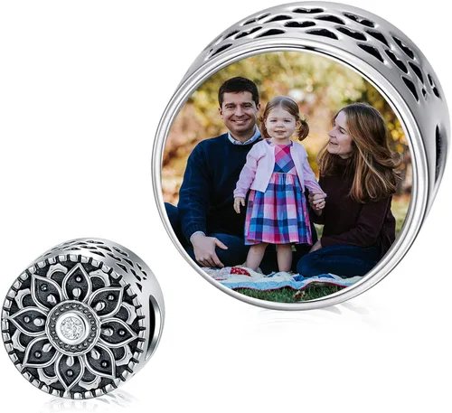PEIMKO Dijes personalizados de loto, girasol, margarita, mal de ojo, cuentas de plata de ley, cuentas de foto de flor de serpiente, collar de regalo