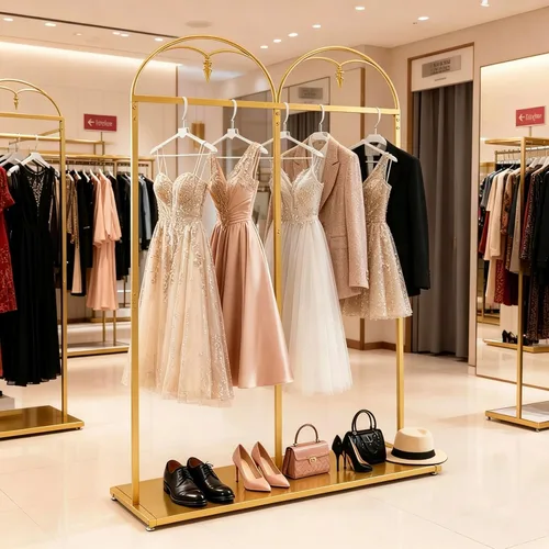 Miniatura 12 de Estante de ropa de 71 pulgadas con estantes, estante para vestidos de boda, estante de exhibición de ropa al por menor, resistente comercial