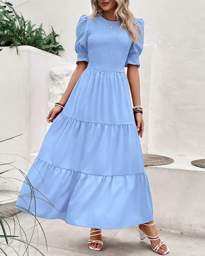 Miniatura 11 de BTFBM Vestidos para mujer, cuello redondo, casual, de verano, con volantes, manga corta, bohemio, con niveles, fruncido, largo, con estampado floral