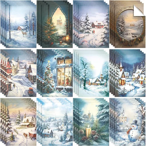 PerKoop 48 hojas de papel vintage de invierno de 8.3 x 11.7 pulgadas, 12 estilos de servilletas de papel nevado de invierno para manualidades,
