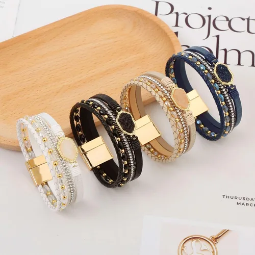 Miniatura 6 de Jewbelet - Pulsera de cuero estilo bohemio con cuentas de cristal con cierre de joyería para mujer