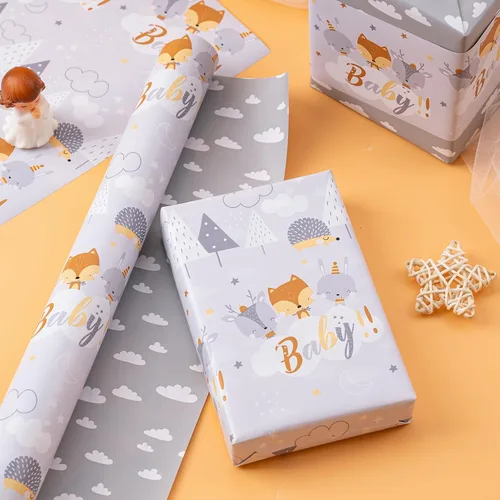 Miniatura 5 de WRAPAHOLIC Papel de regalo reversible para baby shower, mini rollo, 17 pulgadas x 33 pies, diseño de animales grises neutros, baby shower, Baby