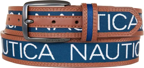 Nautica Men's Signature Leather and Canvas Belt Ribbon Detail Flag Design Classic Casual Metal Buckle