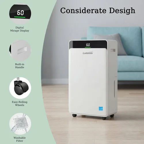 Miniatura 8 de Ludatido Deshumidificador ENERGY STAR actualizado 2026, 80 pintas/día, 5000 pies cuadrados para toda la casa y sótano, tanque de 1.72 galones