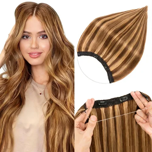 Miniatura 24 de Extensiones de cabello en aureola de cabello humano real, Extensión de cabello Halo 100% cabello humano, Extensiones de cabello con alambre, Lacio