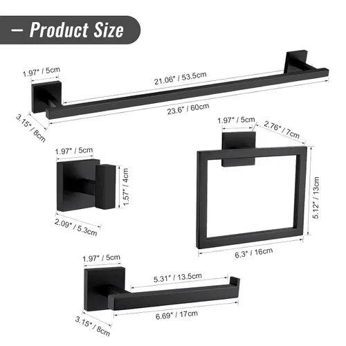 Miniatura 6 de YACVCL Juego de Barra de Toalla Negra de 5 Piezas, Juego de Accesorios de Baño de Acero Inoxidable SUS304, Barra de Toalla de 60 cm, Soporte