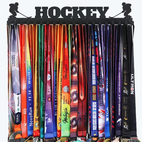 Miniatura 11 de Goutoports Soporte de exhibición de medallas de hockey para carreras deportivas, metal de acero negro resistente con más de 60 medallas, fácil
