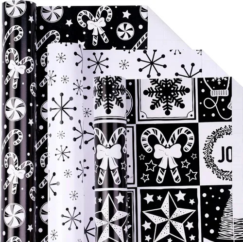 LeZakaa Mini rollo de papel de regalo de Navidad, diseño de campana y árbol/bastones de caramelo/copos de nieve, blanco y negro, para envolver