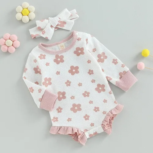 Miniatura 6 de Ropa de bebé recién nacida, sudadera floral de manga larga, mameluco con volantes, diadema de gofre, traje de otoño de una pieza