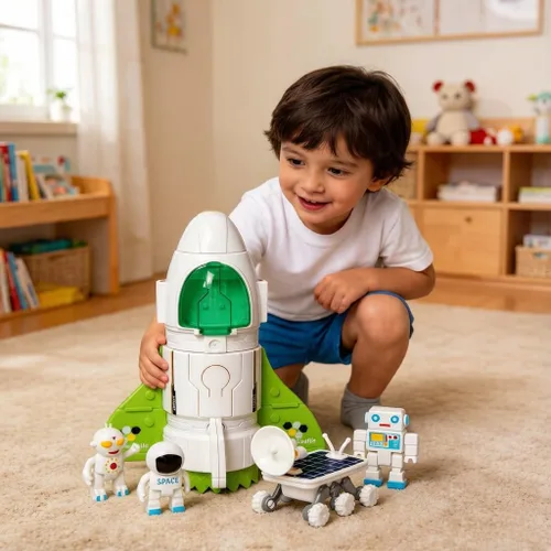Jomifin Juguete de nave espacial para niños y niñas, juguetes del transbordador espacial con luces y sonido, figura de 3 astronautas, cabina que se