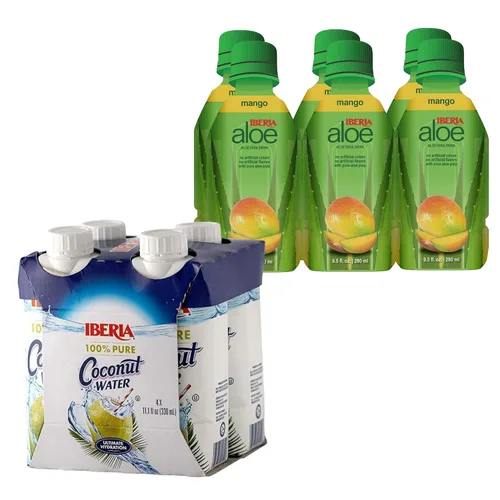 Iberia Agua de coco 100% natural de 11.1 onzas (paquete de 4) + bebida de jugo de aloe vera Iberia Mango, 9.5 onzas líquidas (paquete de 6)