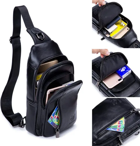 Miniatura 6 de Hebetag Mochila cruzada de cuero para hombres y mujeres, mochila de hombro para el pecho, multiusos, casual, Negro -, Viajar