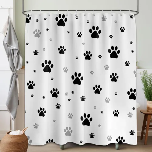 Miniatura 13 de Cortina de ducha con estampado de patas, perro y gato, decoración divertida de baño para niños, tela impermeable con ganchos