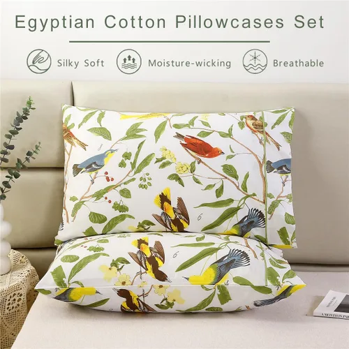 Miniatura 2 de URBONUR Juego de 2 fundas de almohada 100% algodón tamaño Queen con estampado de hojas de jardín y pájaros, fundas de almohada suaves y Hojas verdes