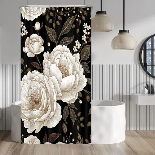 Miniatura 30 de Cortina de ducha de mariposa floral negra y dorada, cortina de ducha bohemia con diseño botánico de flores oscuras para baño con gancho, juego